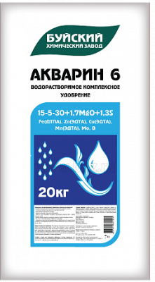 АКВАРИН- 6, водораствор. компл. минеральное удобрение (NPKMgS = 15*5*30*1,7*1,3), 20 кг. БХЗ